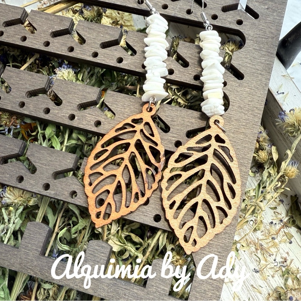 Shoulder duster + Organic Shell and wood dangle exaggerated earrings
